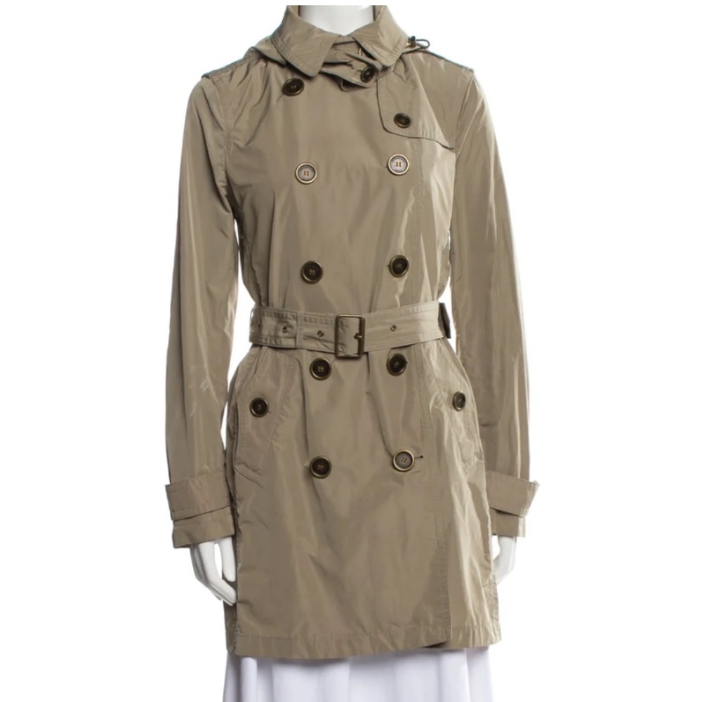 Used Burberry Brit trench with hood, US size 4, used but good condition.